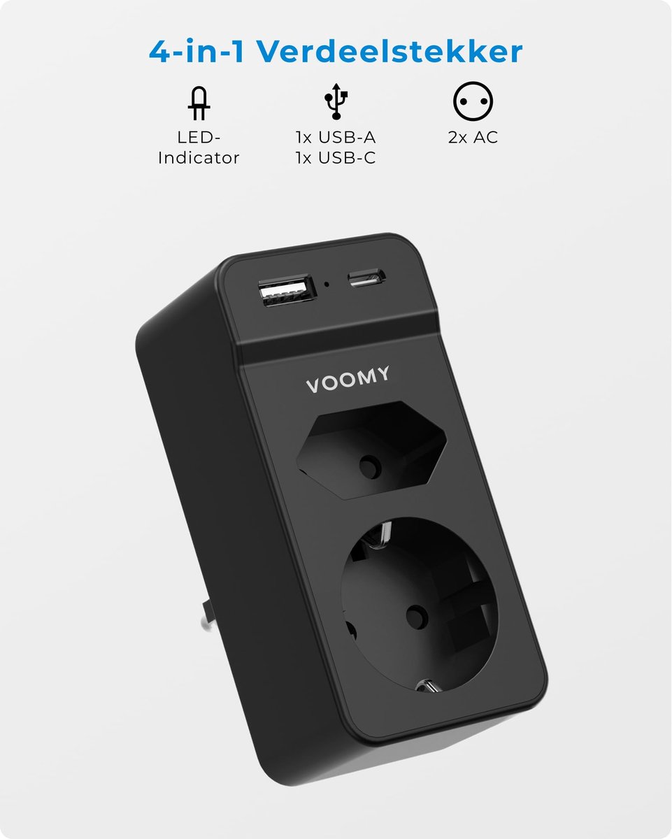 SnelShoppen - 4-in-1 Verdeelstekker met USB-C en USB-A, 2 Voudige Stopcontact Splitter, 4000W Verdeeldoos met Overspanningsbeveiliging, Zwart voor Thu