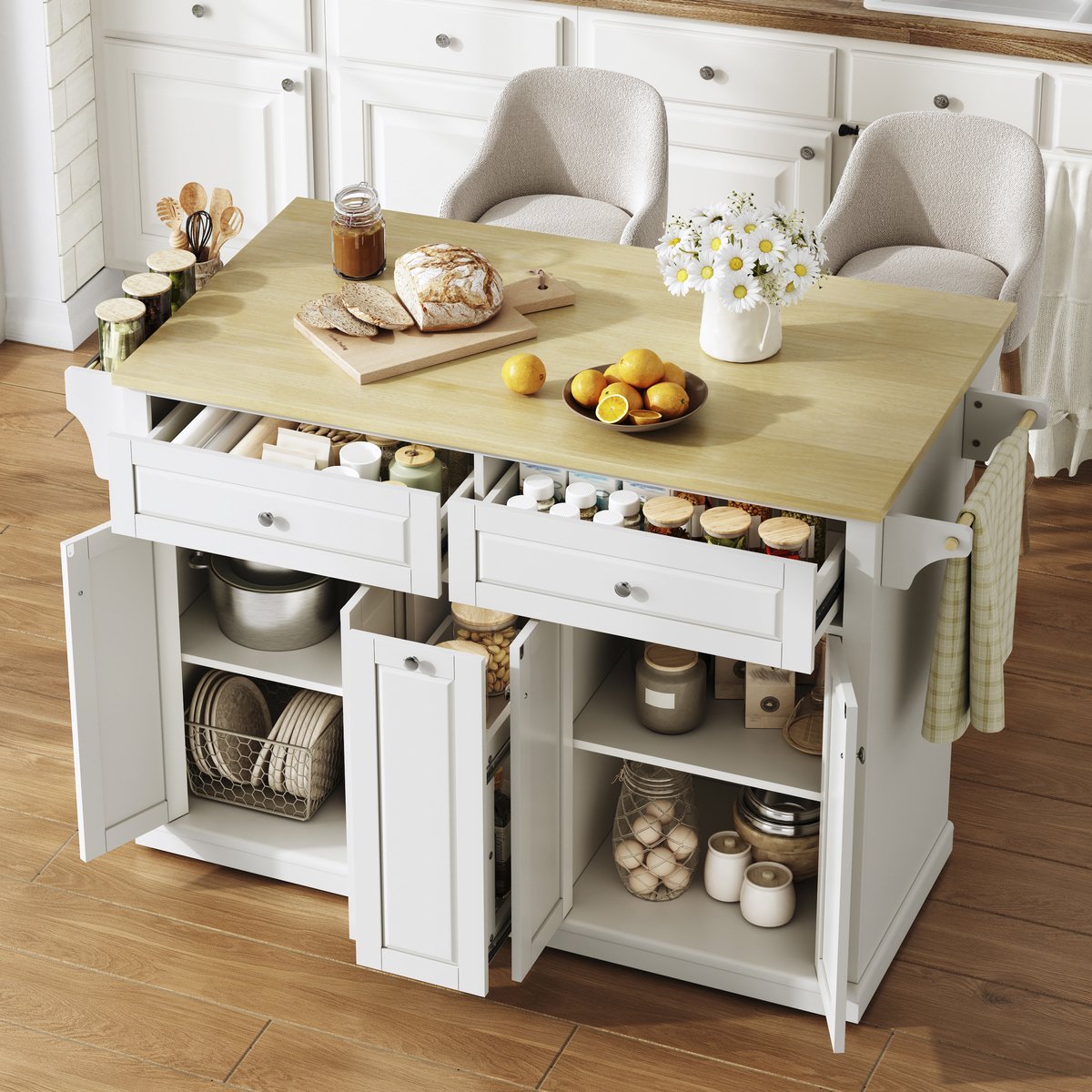 REDOM - Keukenkast keukenwagen - Opklapbaar werkblad - Opbergruimte met 2 grote lades en 2 verticale lades - MDF - 121 x 69 x 89 cm