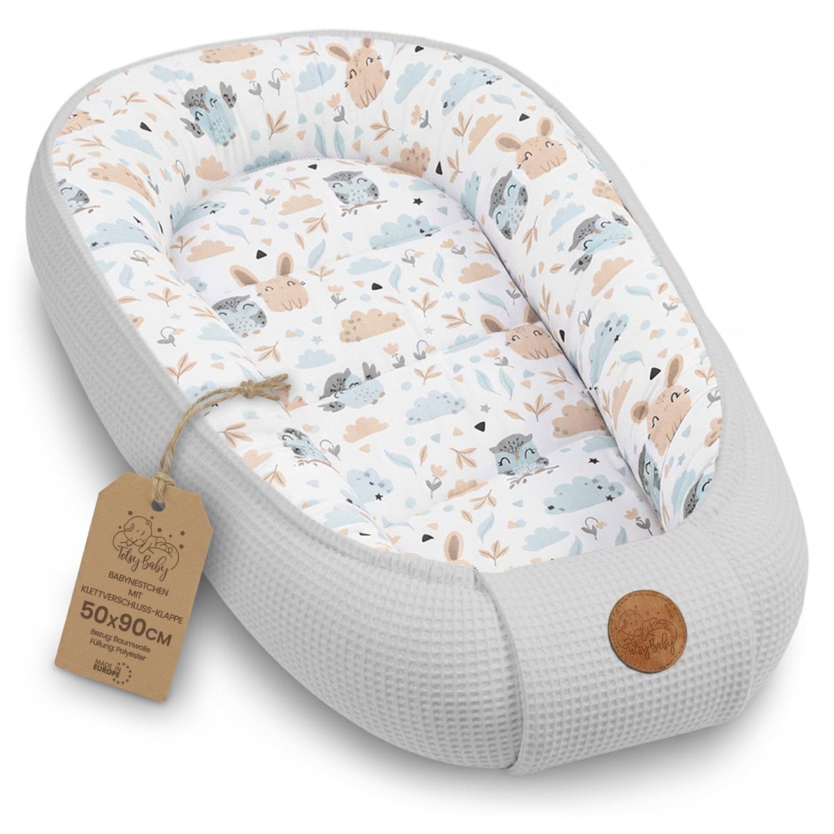 SnelShoppen - Babynest Pasgeboren Cocon 50x90cm - Handgemaakt Dubbelzijdig Wafelpiqué Katoen Uilen Grijs - Ideaal voor Baby's en Kinderen