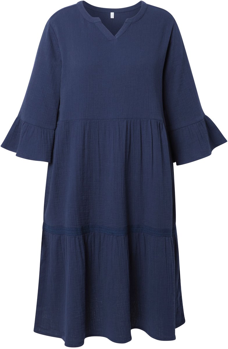 Ulla Popken - Dames - Mousseline midi-jurk A-lijn tuniekhals 3/4-mouwen - Marine - Maat 46+