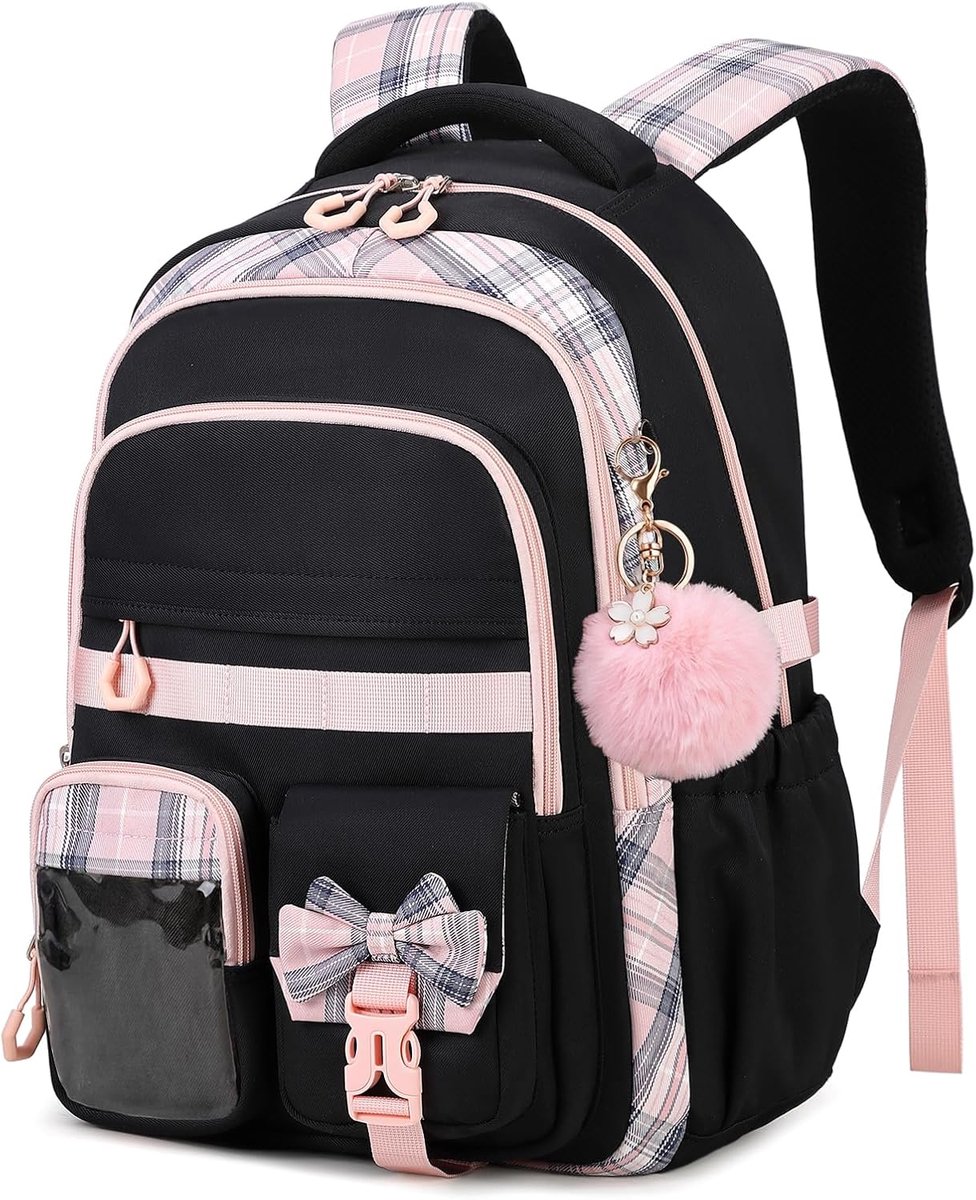 Bobypet - Rugzak - School tas voor meisjes, lichtgewicht en ergonomisch, voor meisjes van 8-12 jaar, casual tas voor school en reizen, 22 liter, zwart-roze