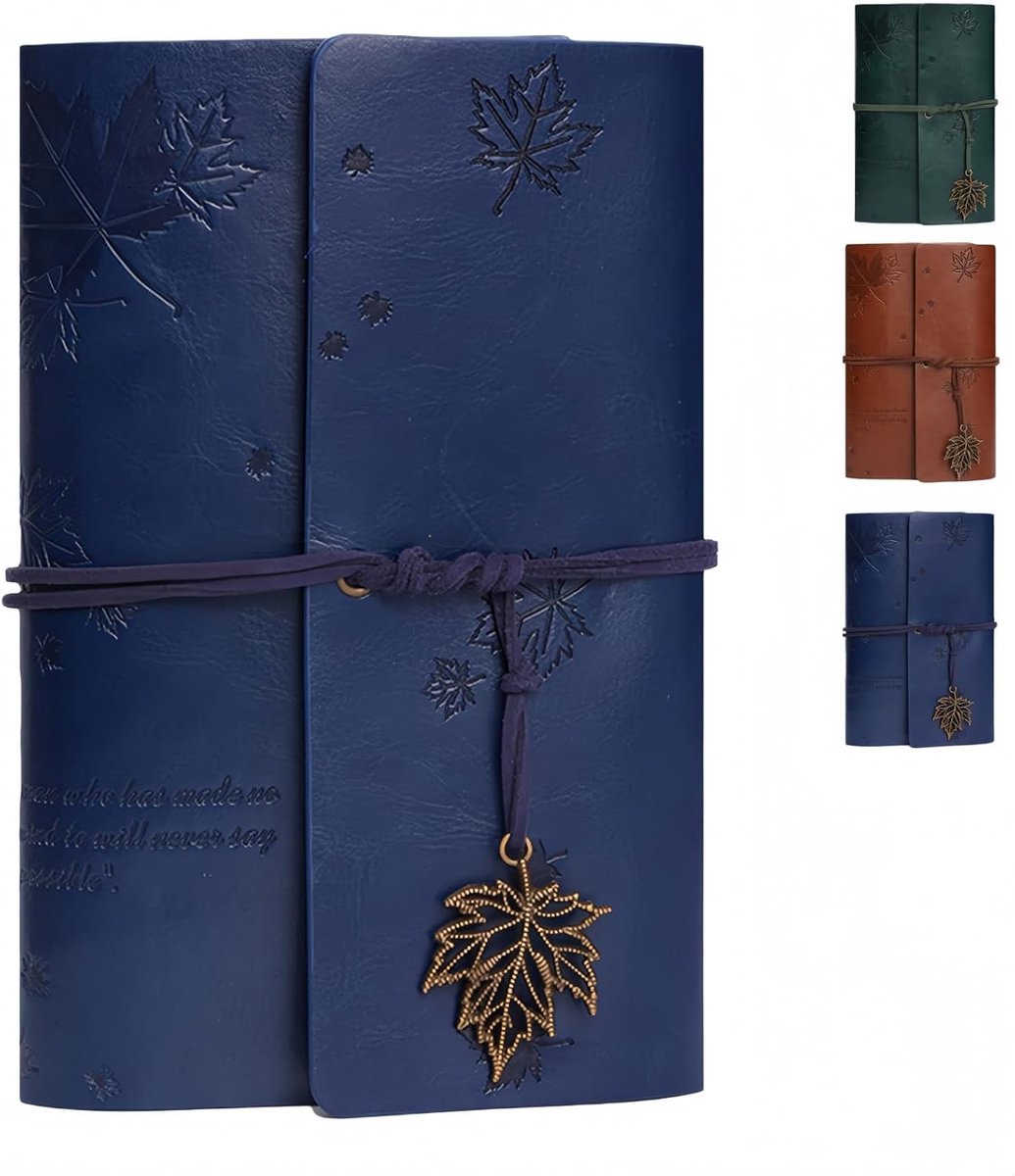 Bobypet - Notitieboek - Vintage notitieboekje van leer met esdoornbladreliëf, A6-formaat, navulbaar met kraftpapier - Dagboek, reisdagboek, schetsboek, cadeau - 18.2*12.7*3 cm - blauw