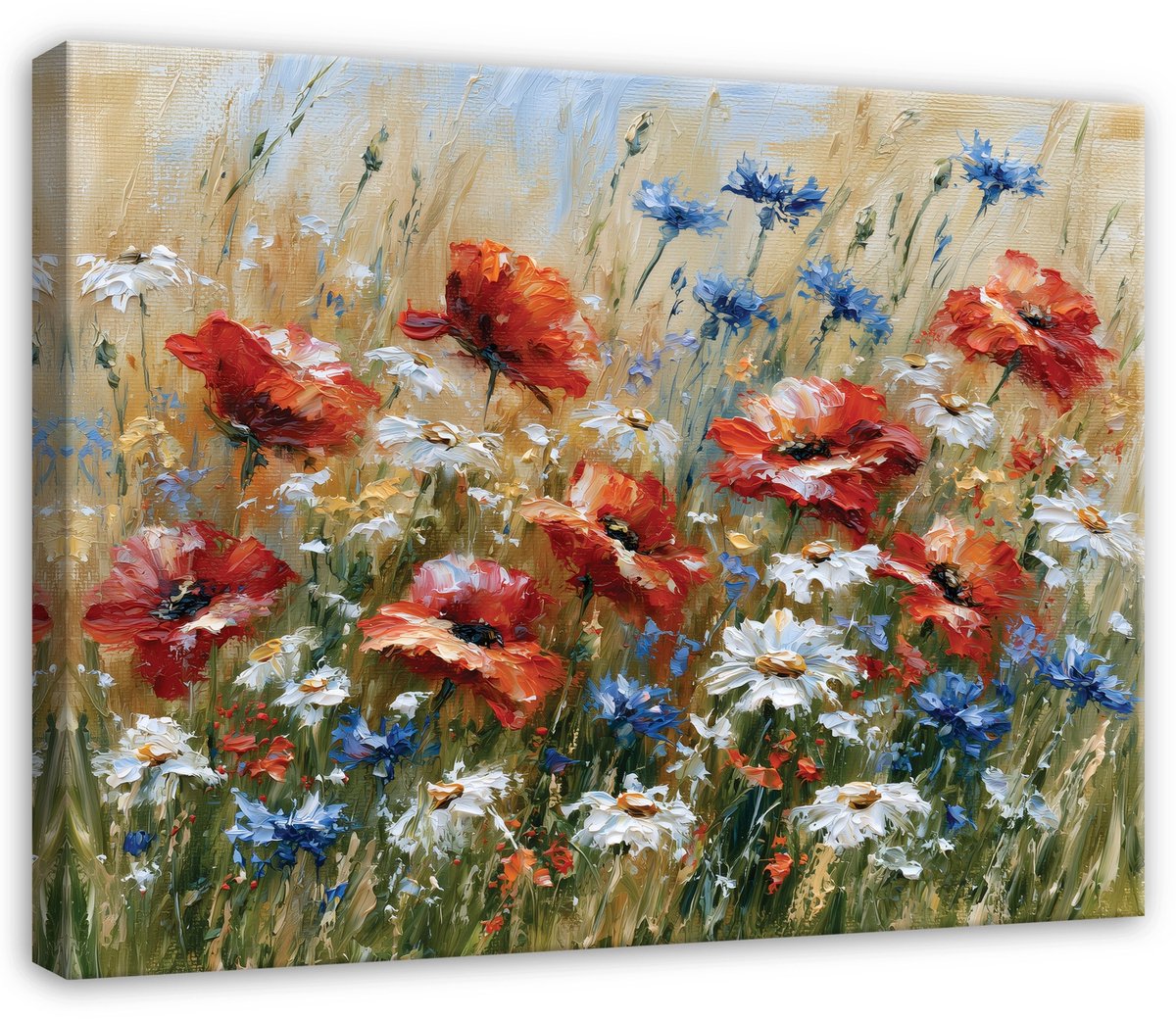 WALLARENA Canvas schilderij 100x70 cm - veldbloemen en klaprozen Rood