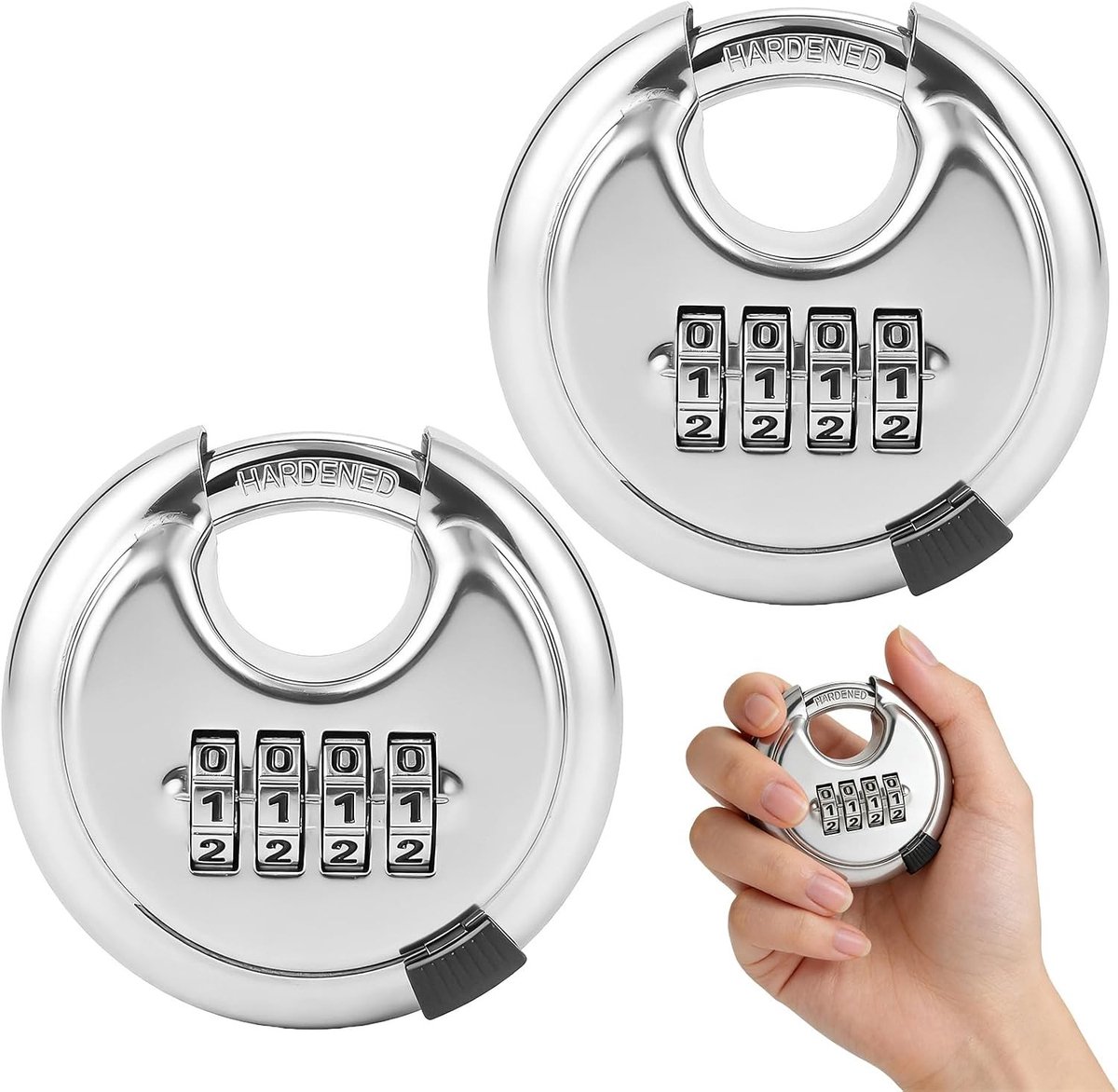 Set van 2 RVS Combinatiesloten met 4 Cijfers, 70 mm, Weerbestendig Discus Slot voor Fietsen en Opslagruimtes