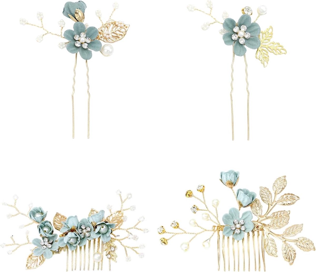 SnelShoppen - 4 Stuks Bloemen Haaraccessoires, Haarcombs, Boho Bruidshaar Sieraden, Strass Haarspelden Decoratieve Hoofddeksels - Groene Kleur voor Fe