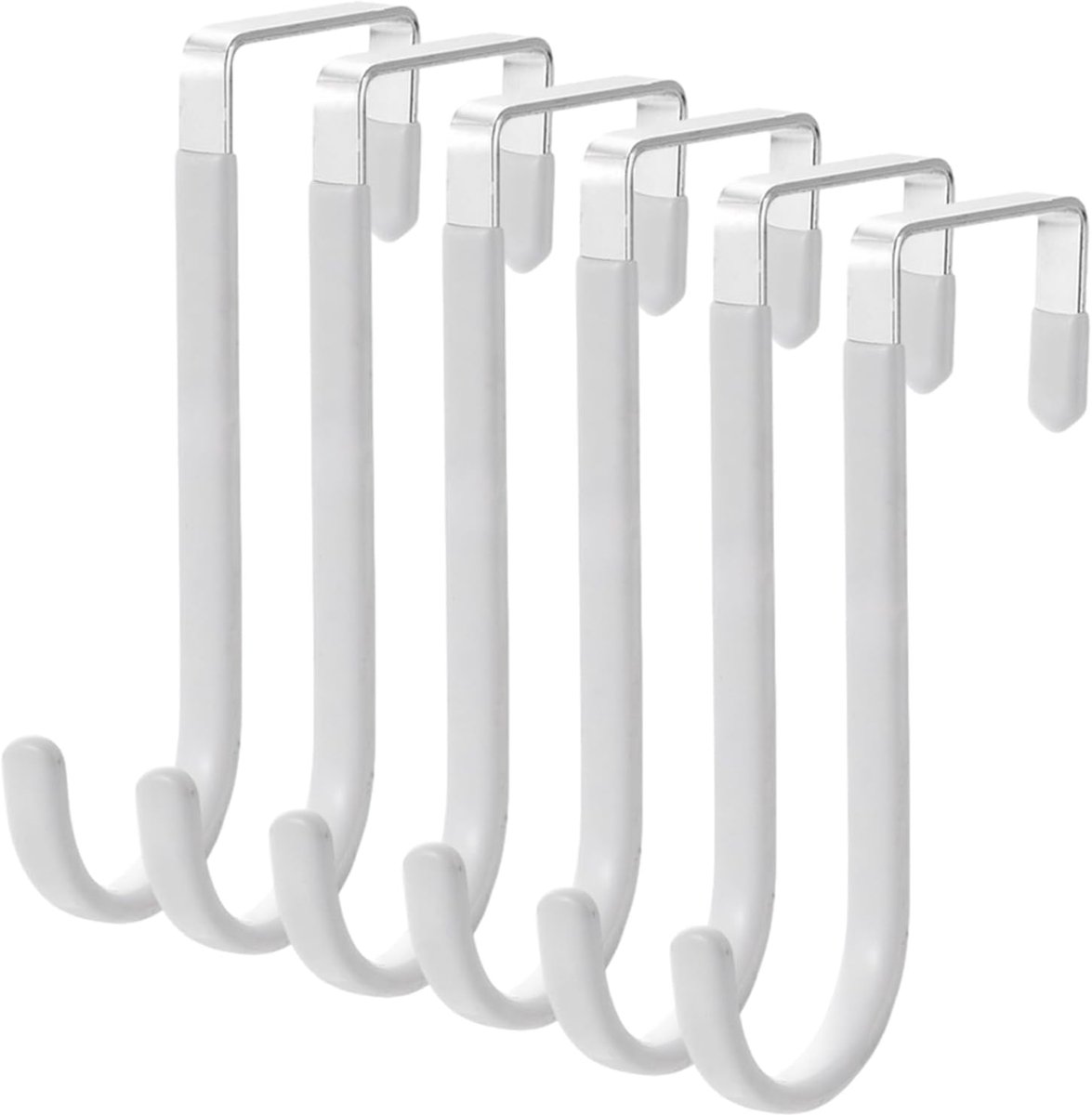 SnelShoppen - 6 Witte Kunststof Gecoate Deurhaken 125 mm x 45 mm, Metalen Haken voor Kleding, Kledingrek, RVS Haken, Deurhangers met Zachte Rubber Coa