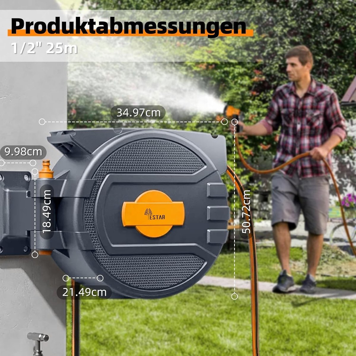 Slanghaspel - Geen kleur - 25 m - Met Oprolmechanisme en 180 Graden Rotatie - Voor Tuinirrigatie en Autowassen