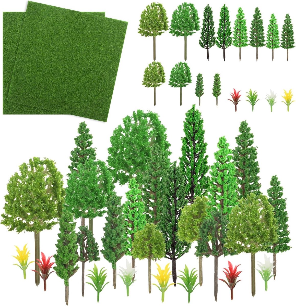 Set van 42 miniatuur modelbouw bomen en kunstgras voor DIY knutselen en decoratie van spoorweglandschappen en miniatuurbossen 15 x 15 cm