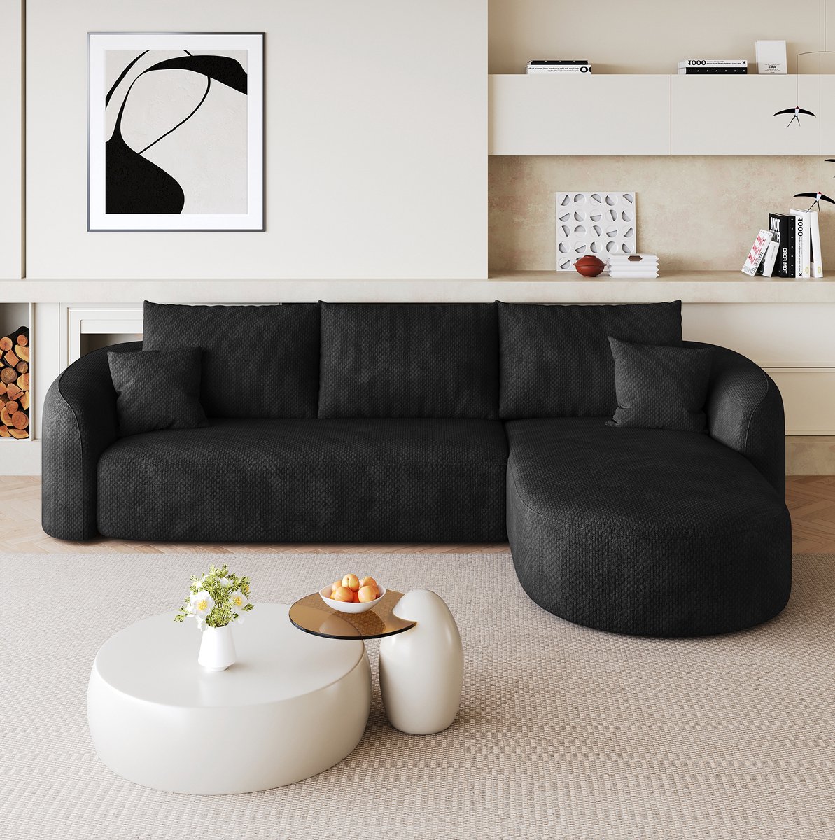 MEUNIQ Hoekbank 266 cm L-vormig, 4-zits, chenille stof, rechts hoekmodel, zonder montage, zwart voor woonkamer of slaapkamer