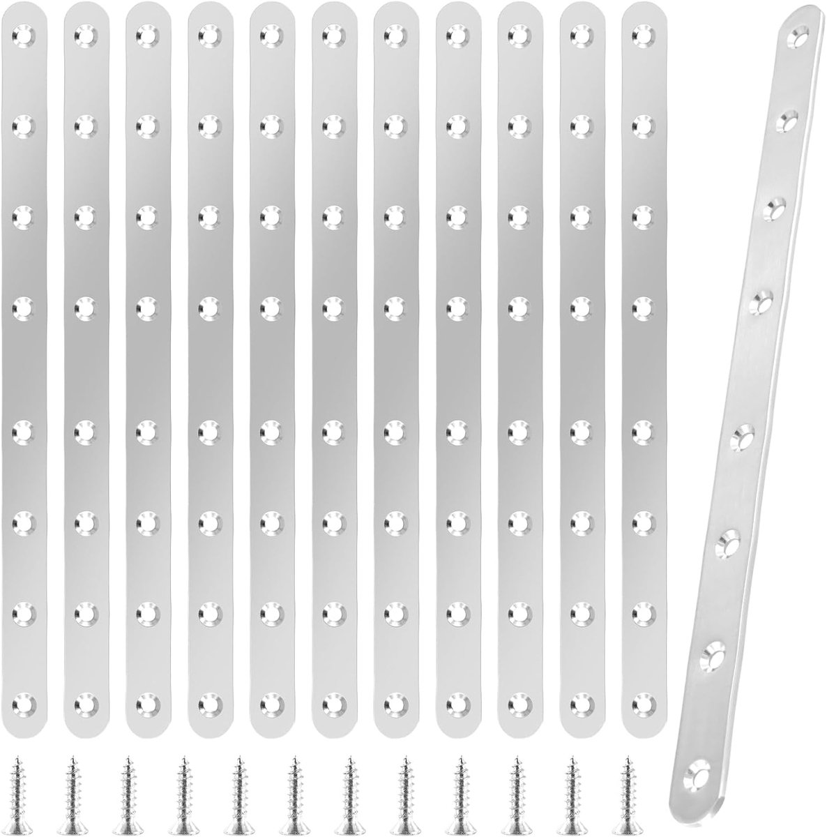 SnelShoppen - 12 Stuks RVS Platen Verbinder 293x19mm, Perforated Connector met 8 Gaten, Stalen Houtverbinder voor Meubels, Silver