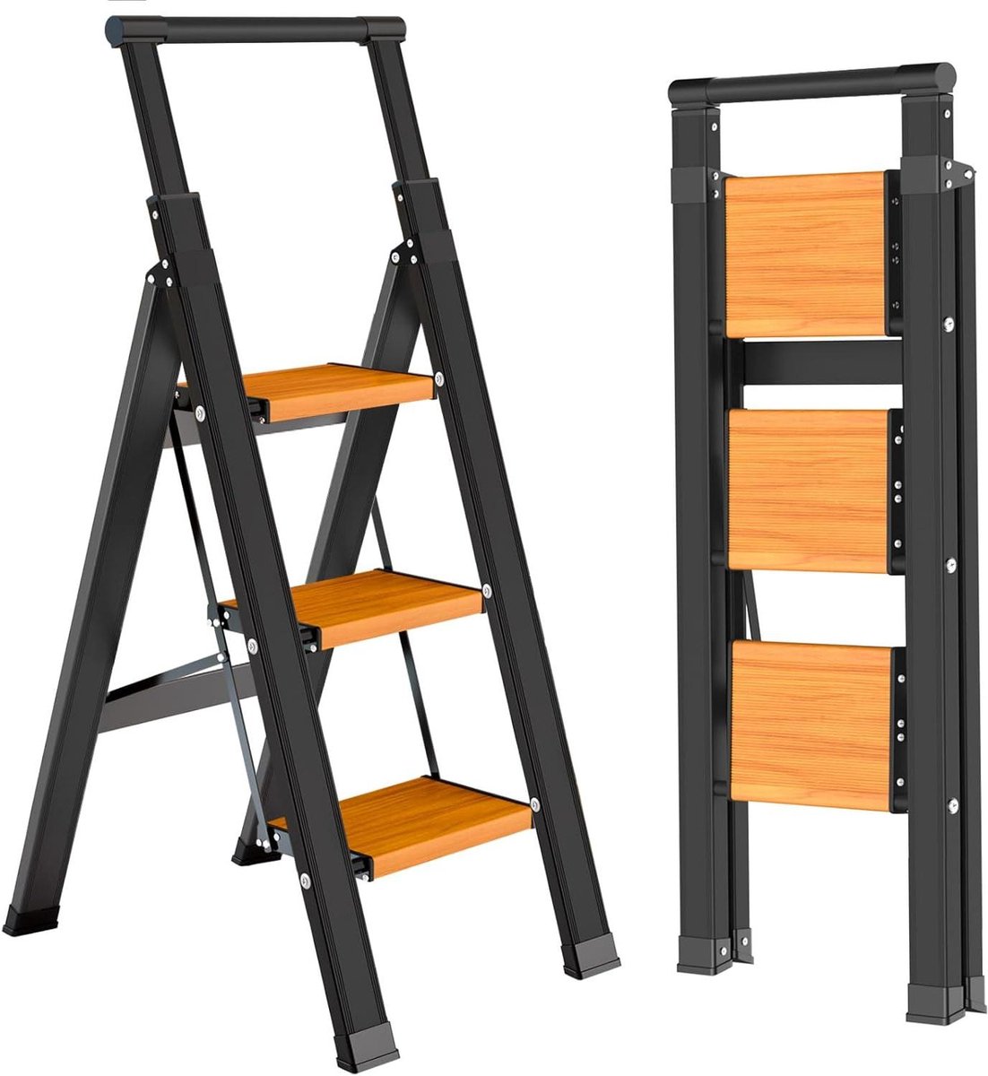 Opstapladder - Vouwladder - Huishoudelijk Werk - Met Handgreep - 3 Treden - Zwart Houtnerf
