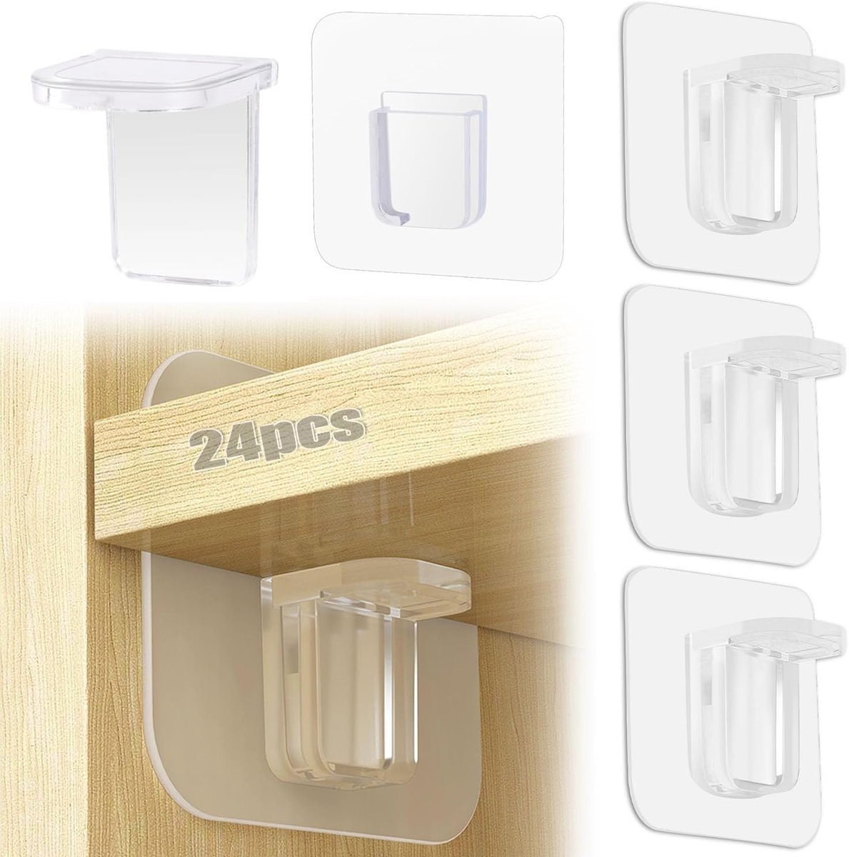 SnelShoppen - 24 Transparante Zelfklevende Haakjes, Plankdragers, Planksteunen, Kaststeunen, Kledinghouders, Glasdragers, Maat 7x7 cm voor Keuken, Hui