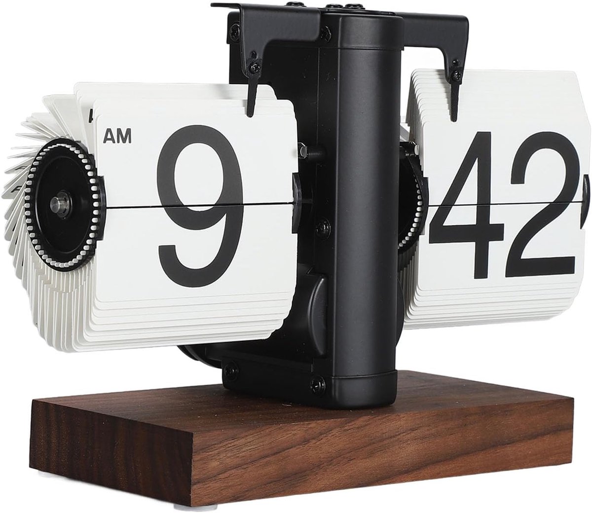 SnelShoppen - Retro Flip Klok 12 Uur Enkelzijdig Grote Cijfers 304 RVS en PVC Zwart Notenhout Voor Woonkamer, Studie, Kantoor, Cadeau