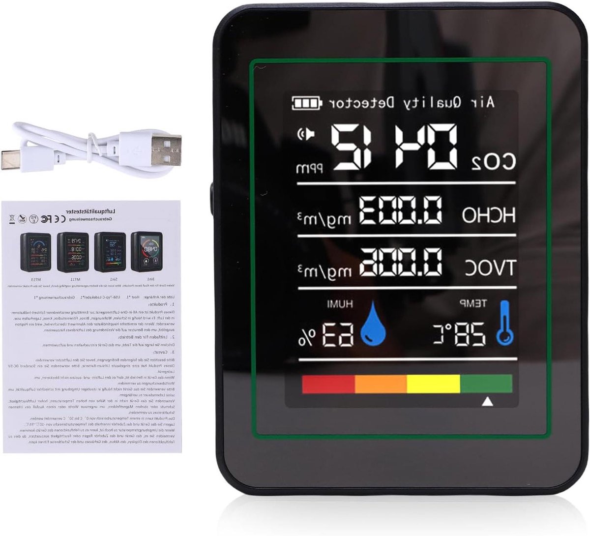 Omgevingsmonitor - Luchtkwaliteit Meter - Binnenlucht Meten - 5-in-1 Detectie - 14cm - Zwart