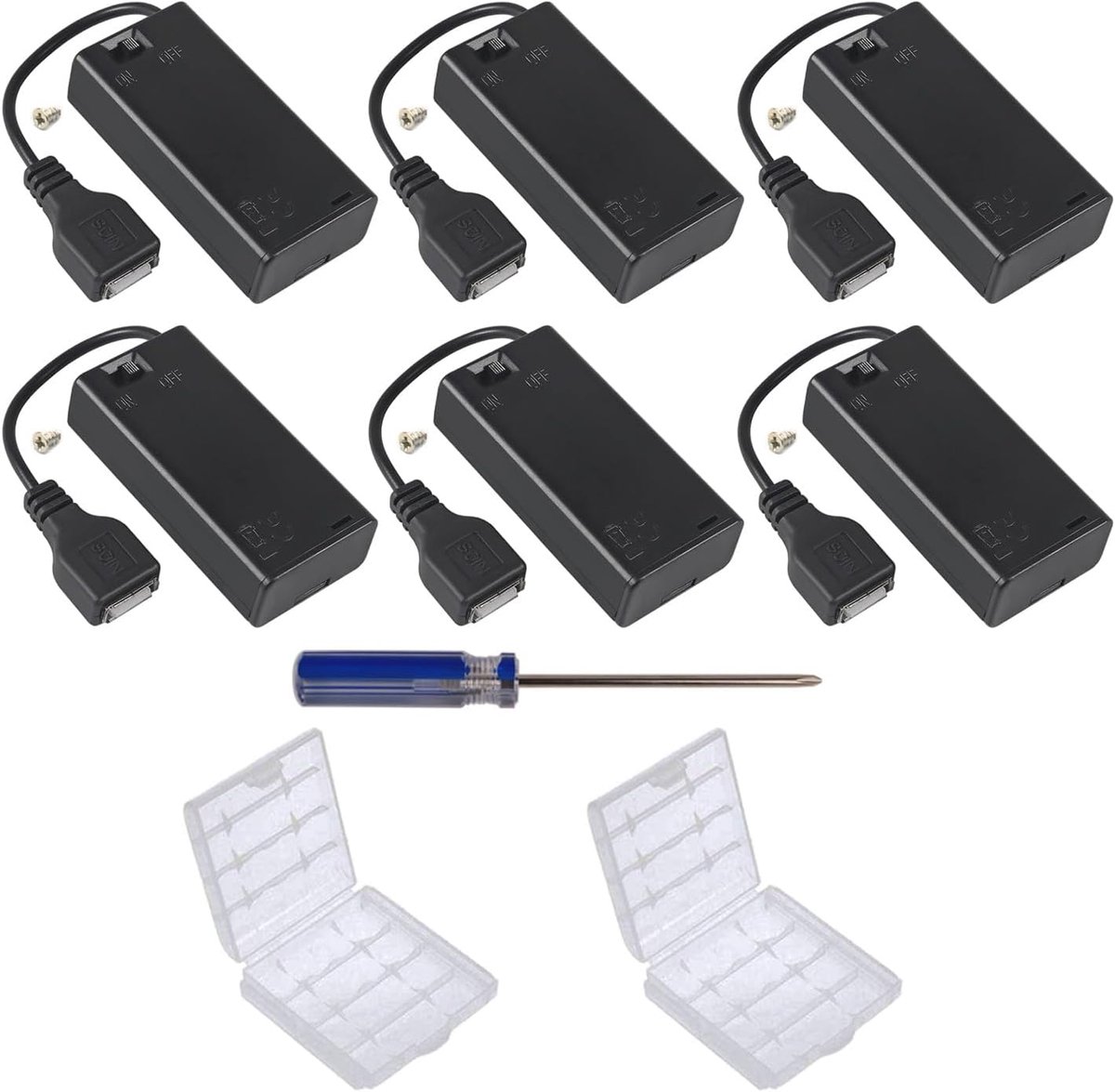 SnelShoppen - Pack van 6 AA Batterij Houder met USB en Aan/Uit Schakelaar, 2 AA 3 V Batterij Houder van Robuust Plastic en Metaal, Voor RC Auto's, LED