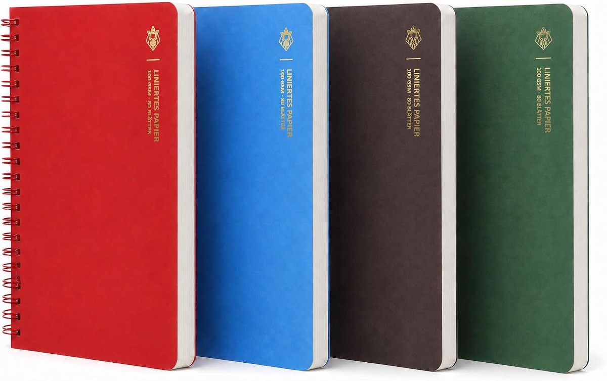SnelShoppen - Spiral Notitieboek Set van 4, A5, 21 x 15 cm, 80g/m², 160 Pagina's, Perforatie, Gelineeerd, Notitieblokken met Tas voor School, Reizen,