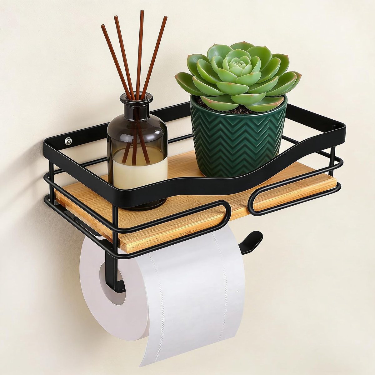Toiletrolhouder - Zwart - Wandmontage zonder boren - Met Natuurlijke Bamboe Plank - Voor Badkamer en Keuken
