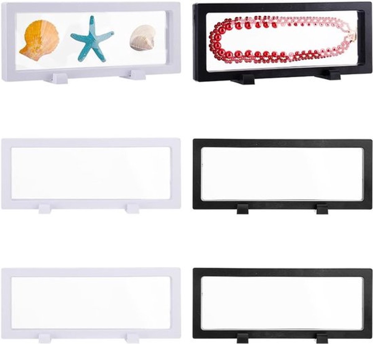 6 Stuks Drijvende Displaykast - 3D zwevend frame, transparante displaybox voor Sieraden, Horloges en Armbanden - 9.1 x 3.6 x 0.8 inch, Wit/Zwart