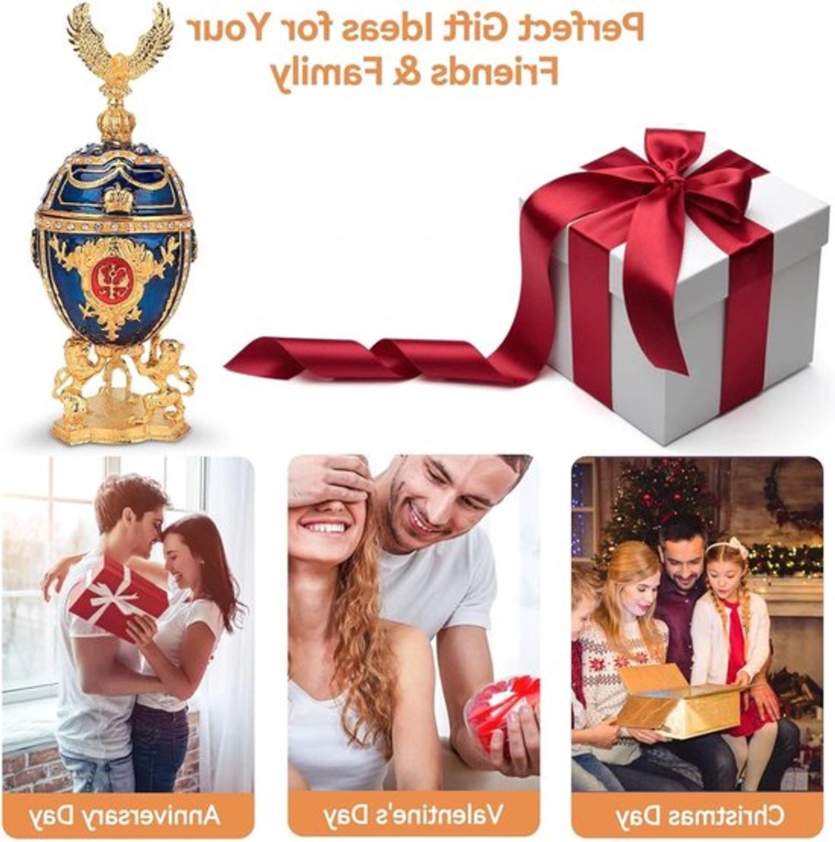 Handgeschilderde Emaillen Fabergé Eieren Sieraden Doos met Gouden Afwerking en Glanzende Diamanten, Uniek Cadeau voor Sieraden en Decoratie, 3x7.8 inch