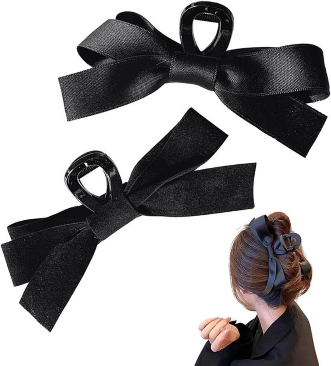 Set van 2 Haarspelden met Strik voor Vrouwen, Mode Haaraccessoires, Zwarte Krokodillenclips, Perfect voor Hairstyling en Versiering