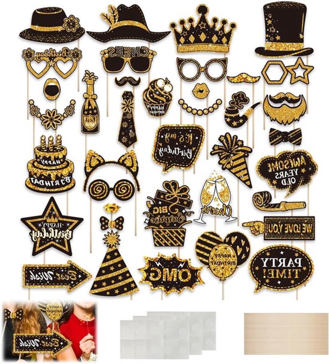 Feestelijke Foto Props Set in Zwart en Goud - 38 Stuks voor Verjaardagen, Bruiloften en Jubilea - Creatieve Fotografie Accessoires
