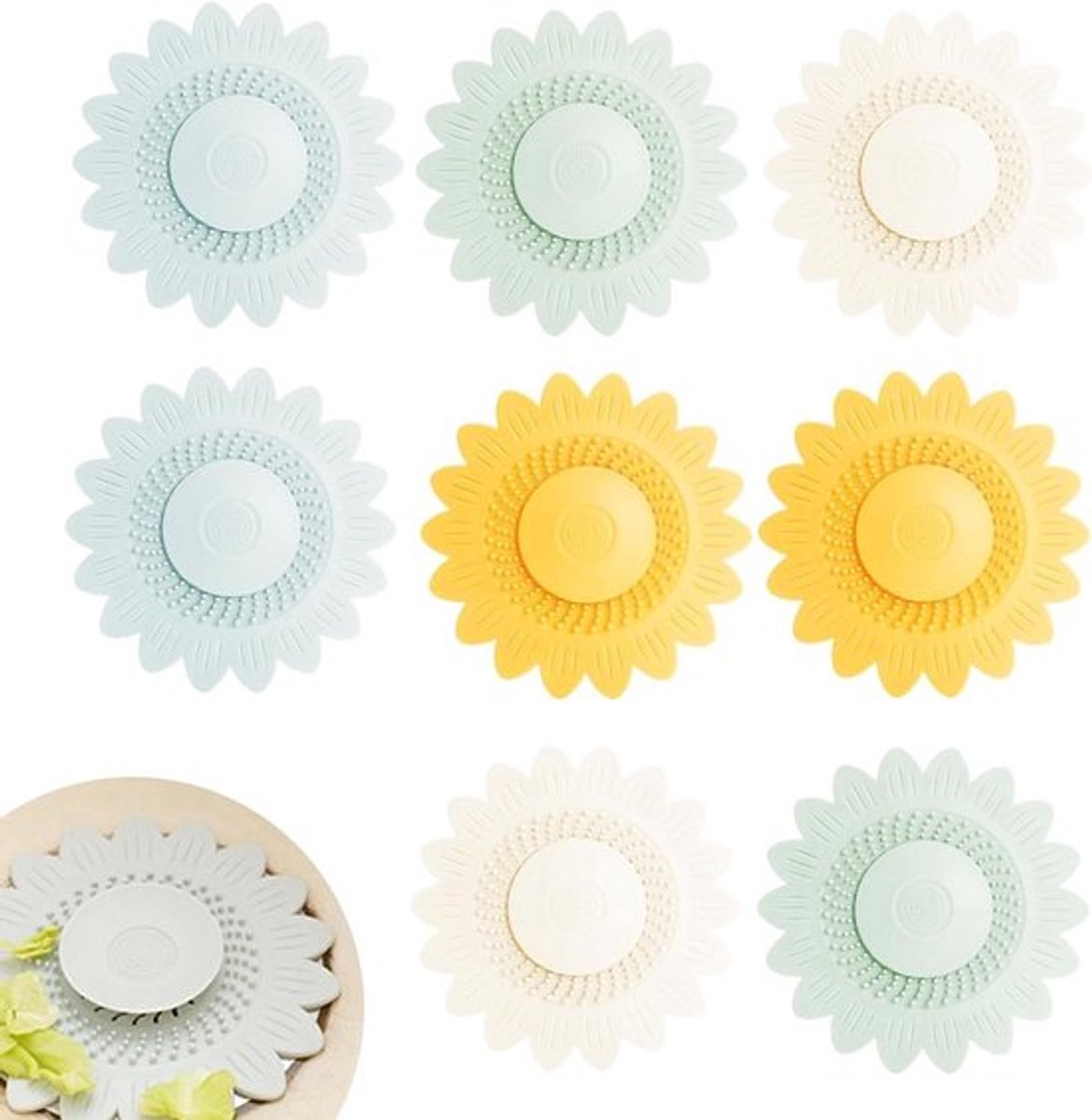 Effectieve Afvoerstopper Set van 8 Stuks, Haarfilter voor Keuken en Badkamer, Zonnebloemvorm, Antislip en Dubbele Filterfunctie