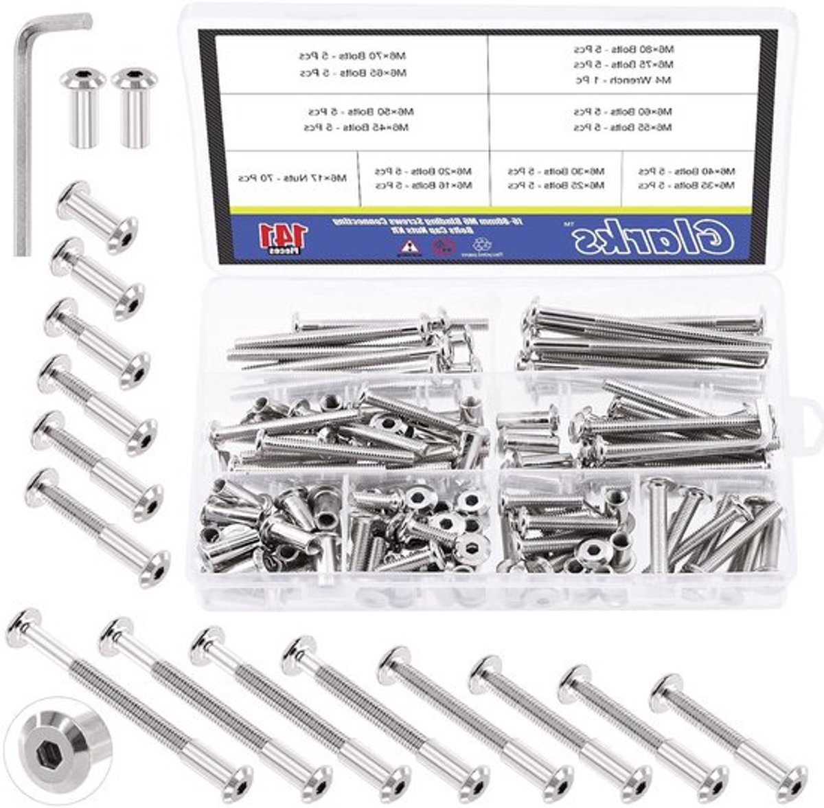 141-delige M6 Hex Drive Socket Head Cap Bolts Set met 14 maten, Vernikkelde Schroeven en M4 Inbussleutel voor Meubelreparatie en Babybedden