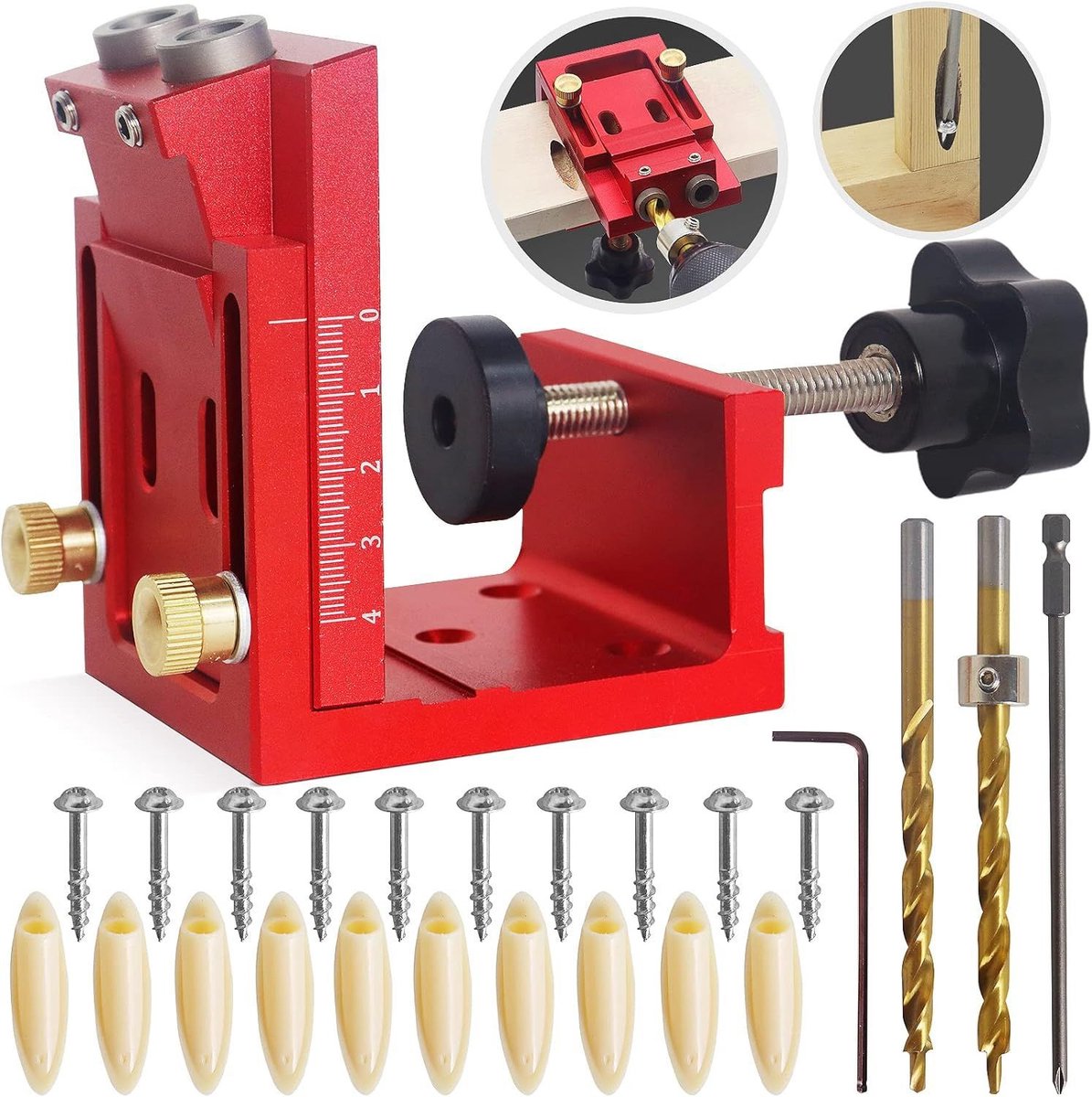 Verstelbare schuine boormalset voor houtbewerking, blauwe verwijderbare pocket hole mal, met 2 boren voor houtbewerking en meubelmakerij (rood)