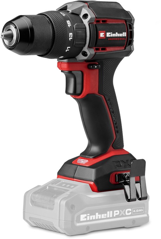 Einhell accu klopboor-/schroefmachine met zwarte en rode behuizing, koolborstelloze motor en Einhell PXC 4.0Ah accu.