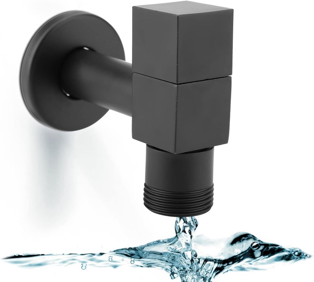 SnelShoppen - Wandkraan, Zwart Messing Vierkant Koudwater Kraan Waterval Type Afvoermof Voor Badkamer Keuken Wastafel Balkon (G3/4 Draad)