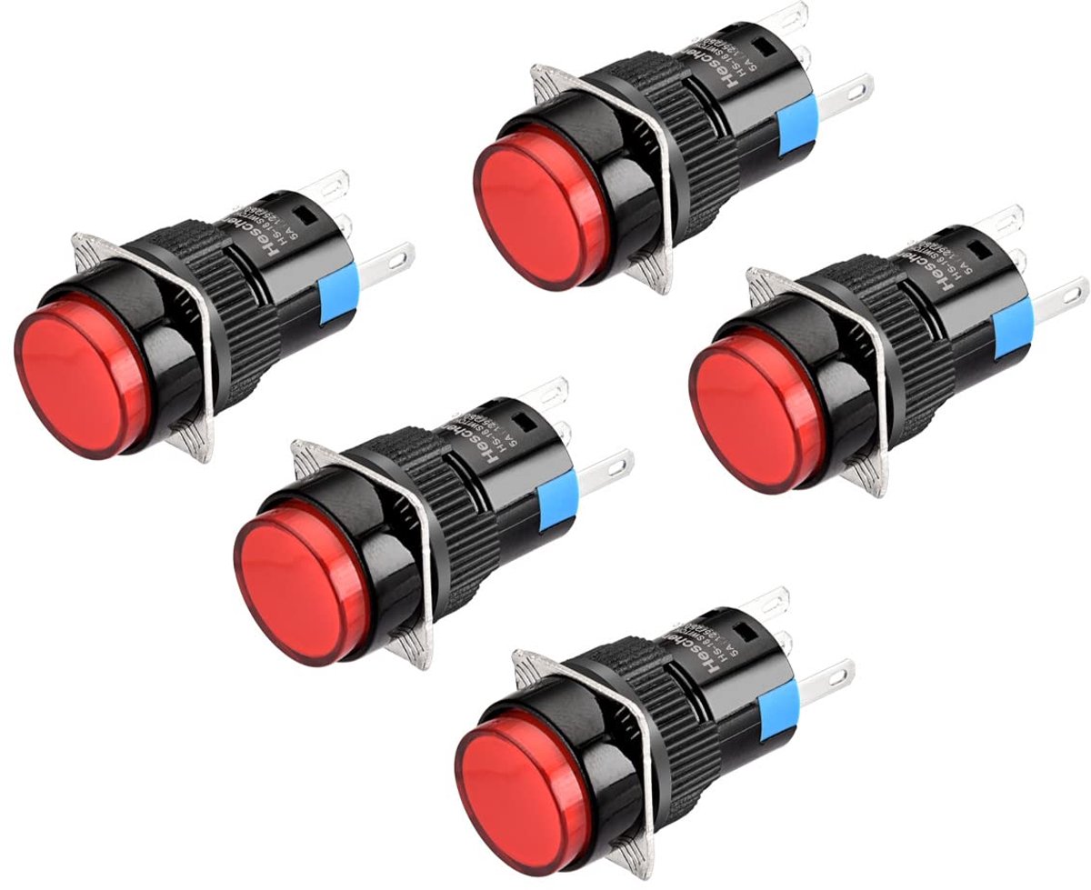 SnelShoppen - 5 Stuks Momentaire Drukknop Schakelaar 16mm 1 NO 1 NC 24V LED Lamp Rood voor Tuin, Keuken en Feesten