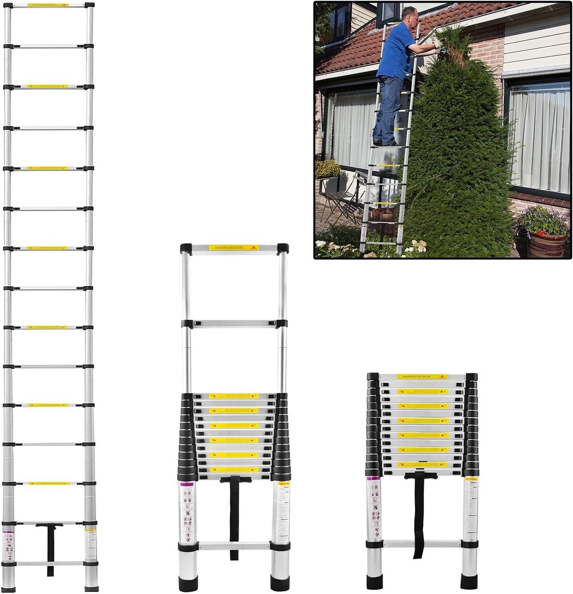 Telescopische ladder - Uitschuifbare ladder - Klus Werk - Veiligheidsvergrendeling - 440 cm - Zwart