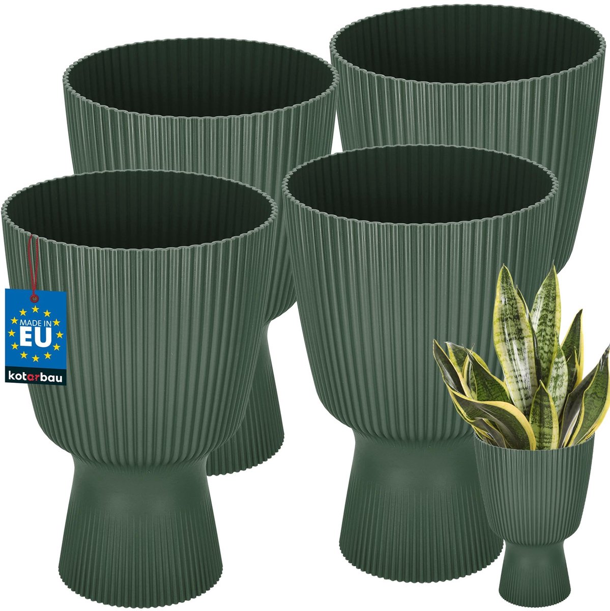KOTARBAU® 4 Stuks - Bloempot - Plantenpot met Sokkel ⌀ 18 cm - PVC - Geribbelde Orchideeënpot - H: 27 cm - Groen - Kelkvorm