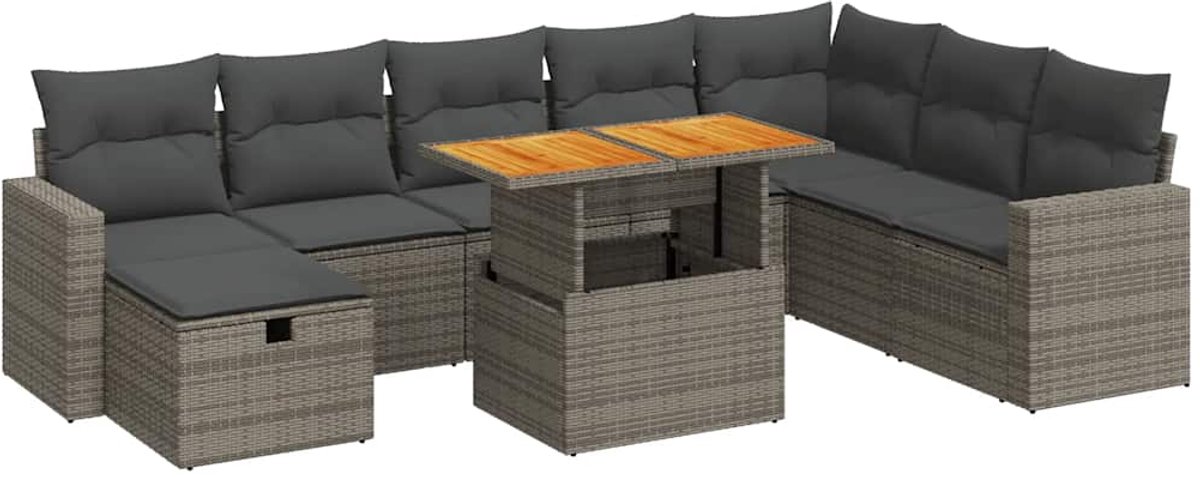 vidaXL 9-delige - Loungeset - met - kussens - poly - rattan - acacia - grijs beige