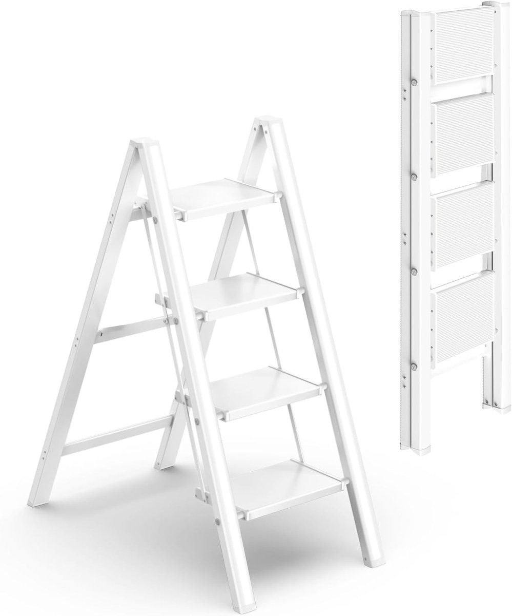 SnelShoppen - Opvouwbare Trapsladder 4 Treden met Brede Pedalen, Stevige Kunststof en Aluminium, Ideaal voor Keuken, Tuin en Klussen