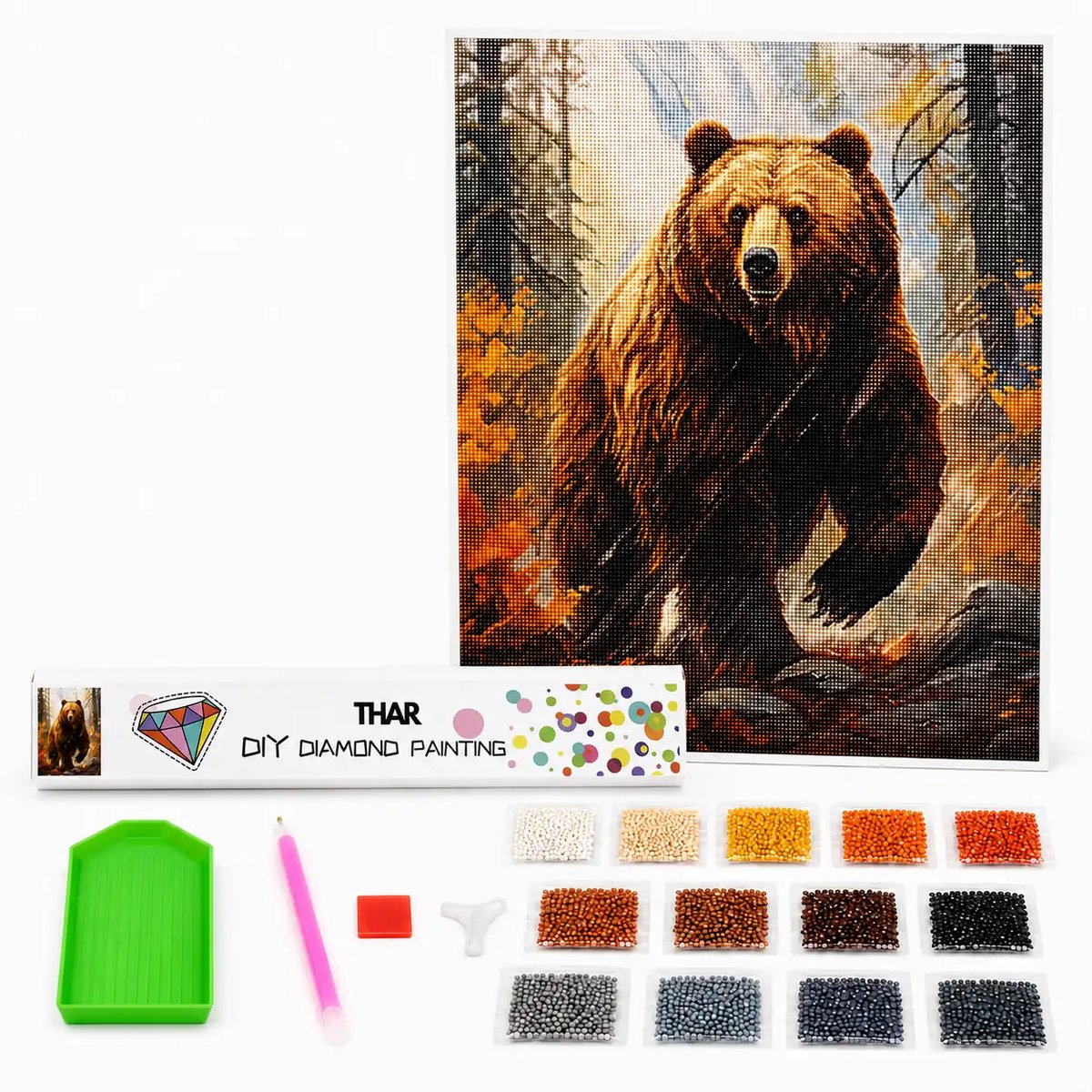 THAR Diamond Painting Beer in Herfstbos 40x50 cm - Ronde Steentjes