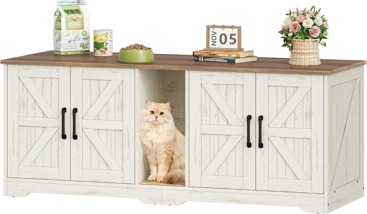 HILINSIE Kattenkast met ingebouwde kattenbak voor 2 katten, 140 x 50 x 55 cm, bruin & wit, meubelstuk met verborgen kattenbak, houten kattenhuisje/bijzettafel met krabmat, voor woonkamer en slaapkamer.