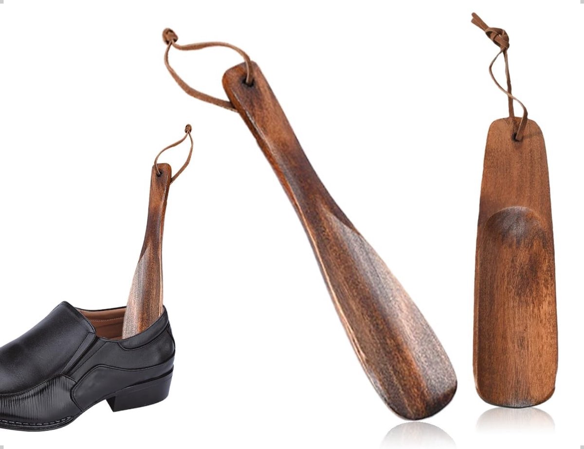 Comfortabele Houten Schoenlepel Set van 2, Ideaal voor Mannen, Vrouwen en Kinderen, Perfect voor Thuis, Reizen en Kamperen, Retro Kleur, 15.5cm en 19cm