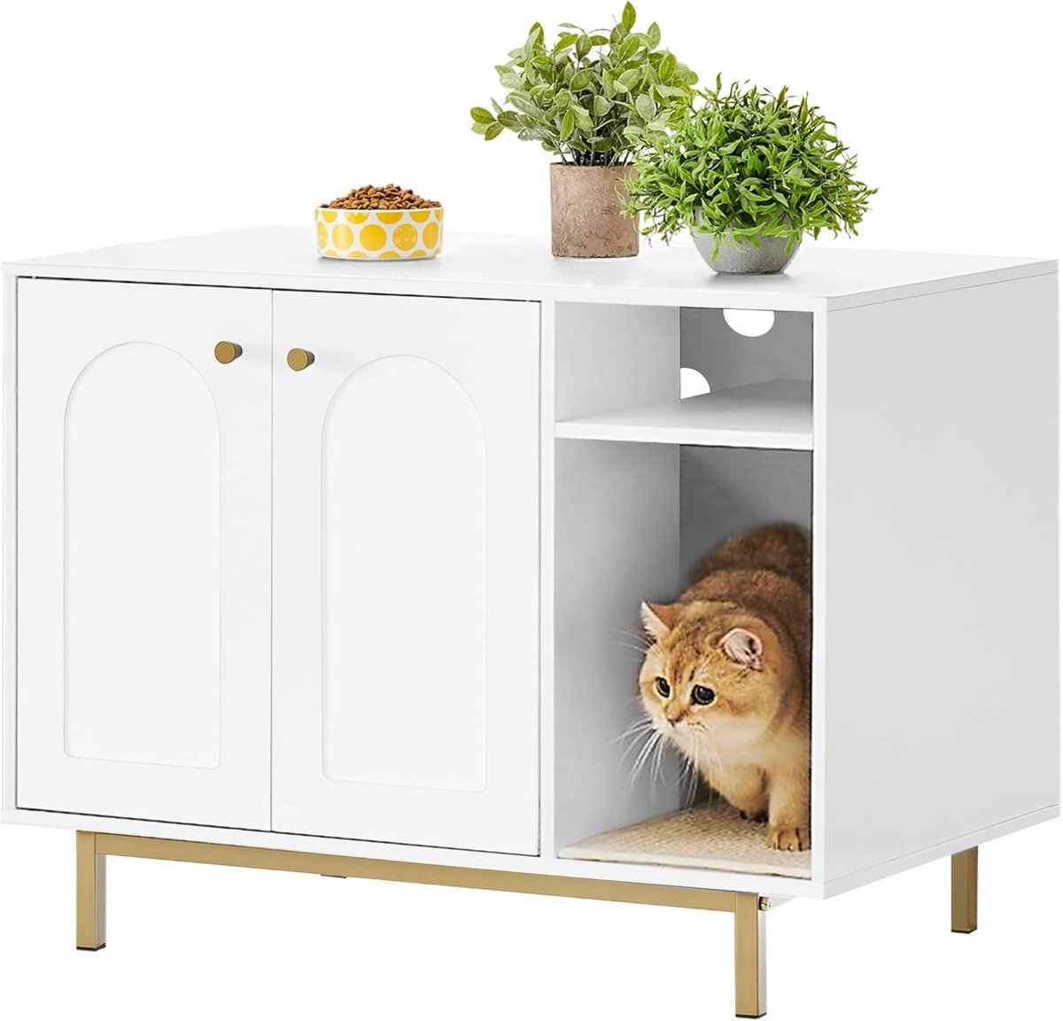 Hzuaneri Kattenkast, Kattentoilet, Kattenbakkast,80 cm, Wit en Goud