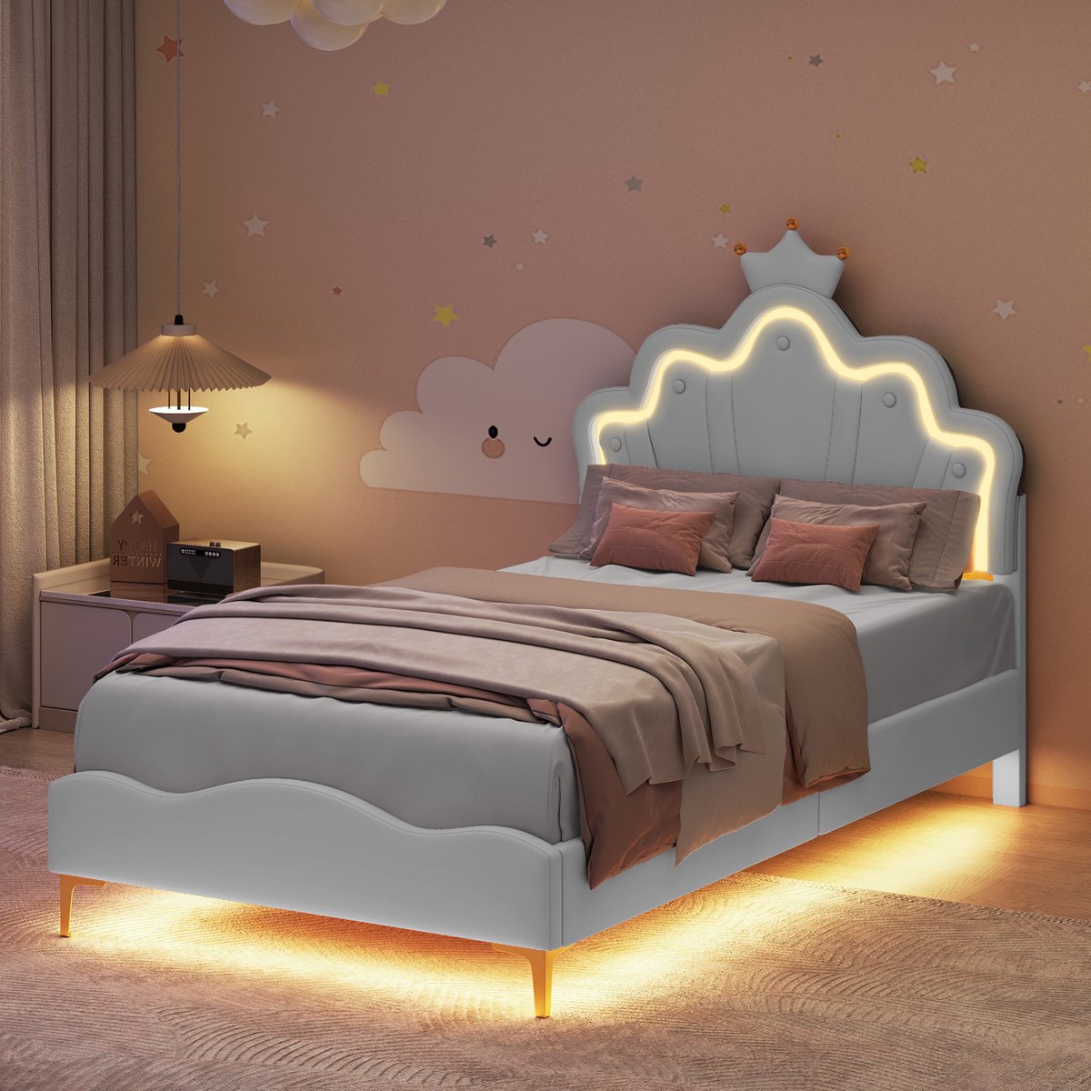 ROSAHQNDA Kinderbed 90x190 cm, prinsessenbed met led bedframe en kroon hoofdbord, zacht pu gestoffeerd bed met verstelbaar hoofdbord, wit, zonder matras