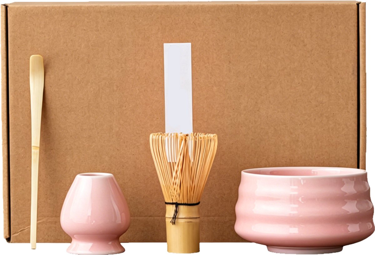 Bamboe Matcha Set - 4-delige set - Inclusief Matcha garde en Matcha lepel - Matcha beginnersset - Japanse geschenkdoos - Roze