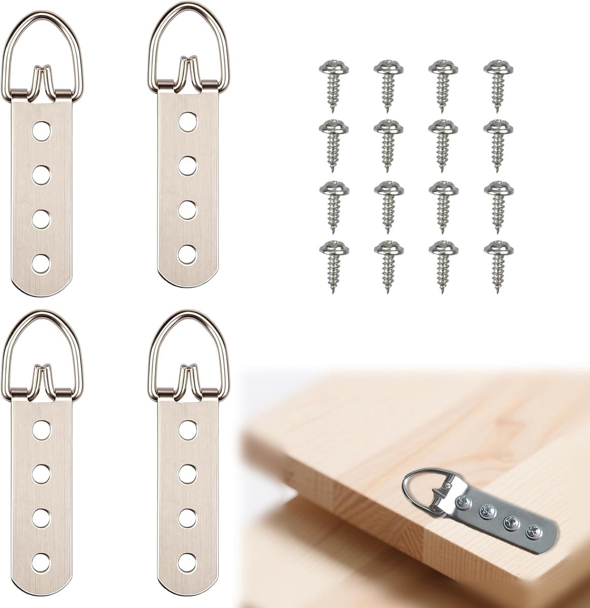 SnelShoppen - 4 stuks D-ring fotohangers voor zware foto's, stevige schroeven, fotokaderhanger voor foto's en spiegelhouder, muurbevestiging voor hout