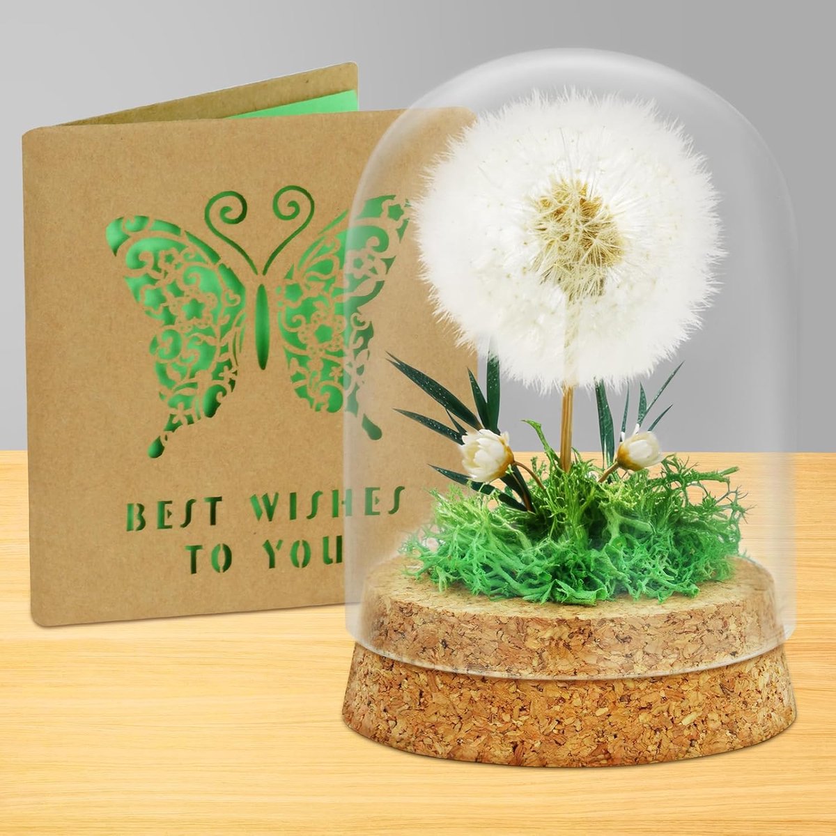 SnelShoppen - Decoratieve Dandelion in Glas, Glazen Dome met Dandelion Ornament, Gelukkige Charm en Wenskaart voor Verjaardag, Bruiloft, en Bijzondere