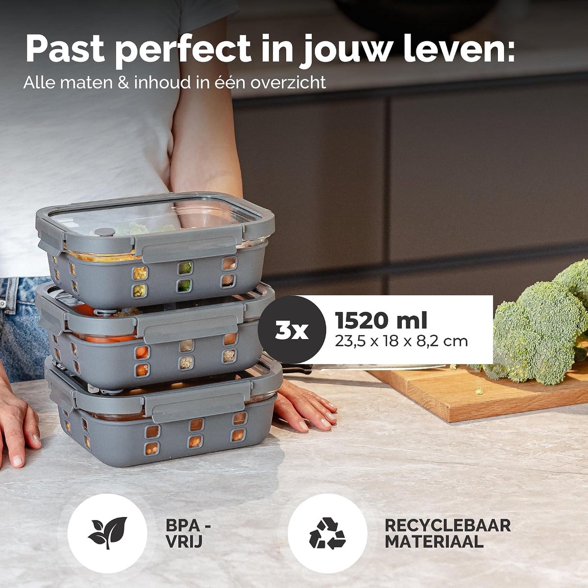 Meal Prep Bakjes - Glazen Containers - Voedsel Bewaren - Lekvrij & Stapelbaar - Set 3x1520ml - Transparant — cadeau in Cadeau-ideeën - foto 4