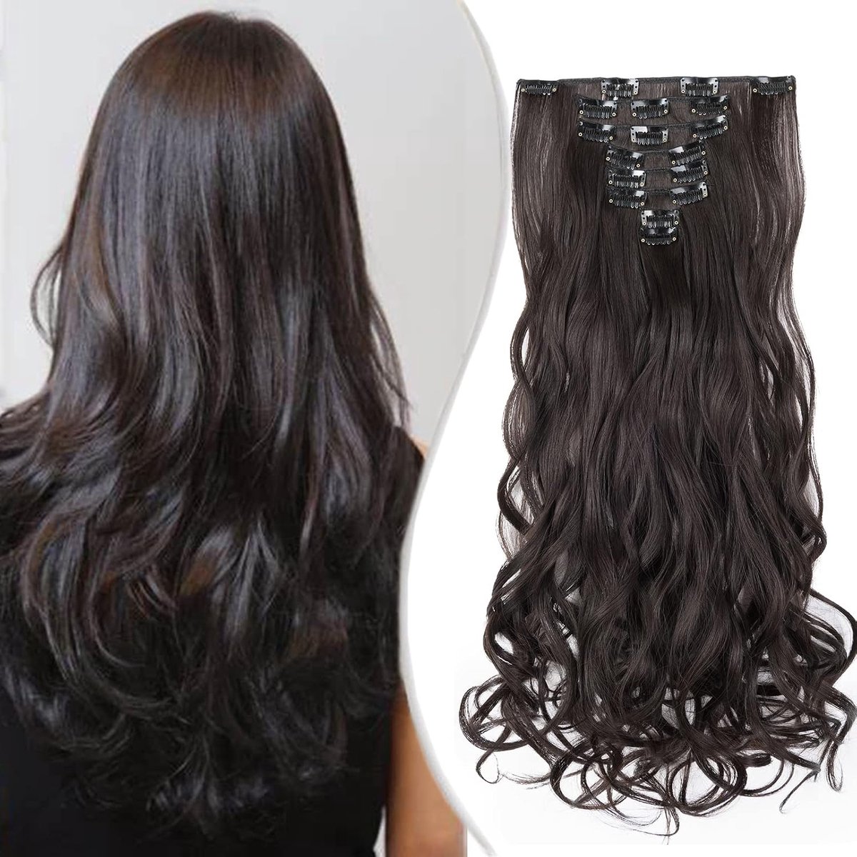 SnelShoppen - 8 Stuks Haar Extensions Clips 24 Inch Donkerbruin Golvend Synthesemateriaal - Natuurlijke Volheid en Zacht voor Feesten en Dagelijks Geb