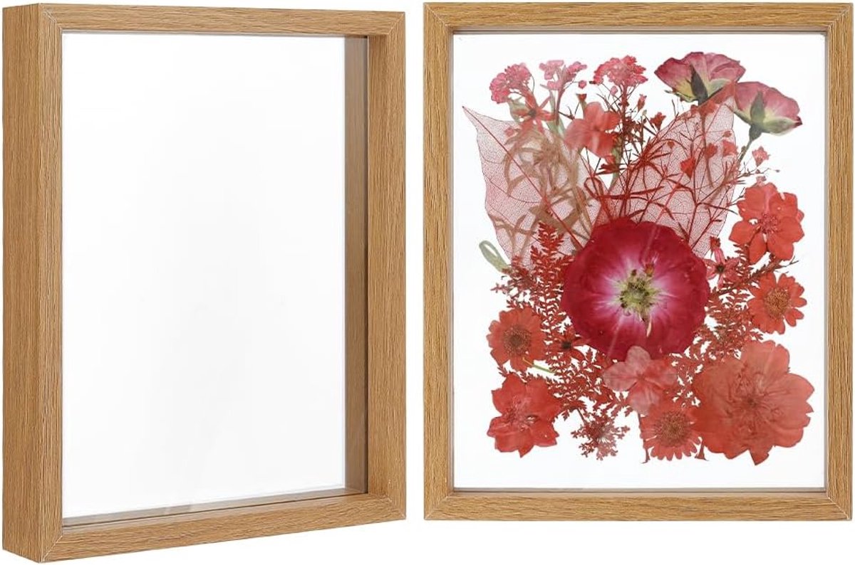 SnelShoppen - 2 Stuks Floating Fotolijst, Houten Foto Frame 10.5 x 8.5 x 1.6 Inch, Dubbele Heldere Gedrukte Bloem Frame voor Creaties, Postkaarten Fot
