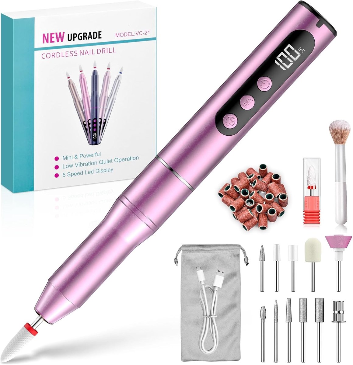 Snoerloze Nagelfrees - Zwart - Elektrische Nagelvijl met 5 Snelheden - Voor Manicure en Pedicure