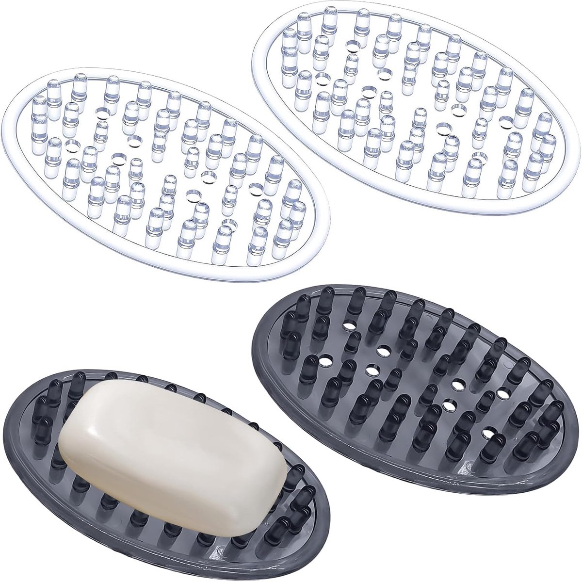 SnelShoppen - Plastic Zeepdispenser Set van 4 Transparante en Rookzwarte Zeepplaten, Ovale Zeepdish met Afvoer, Antislip Zeep Dish voor Badkamer, Keuk
