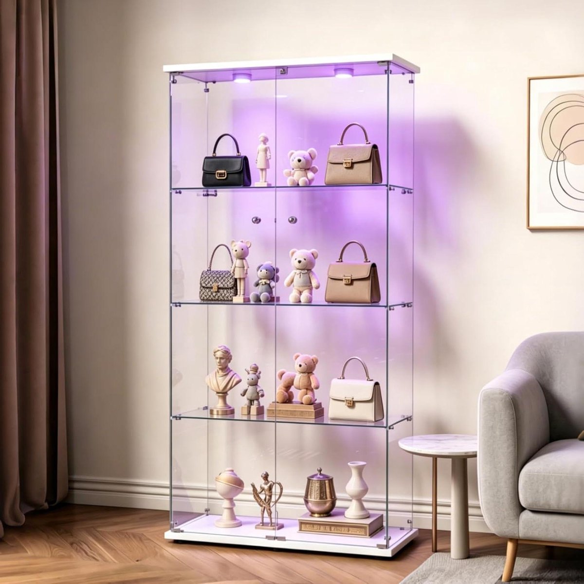 Glazen Vitrinekast - Verzamelvitrine Displaykast - Producten Presenteren - Met Ledverlichting - 80 x 36 x 164 cm - Wit