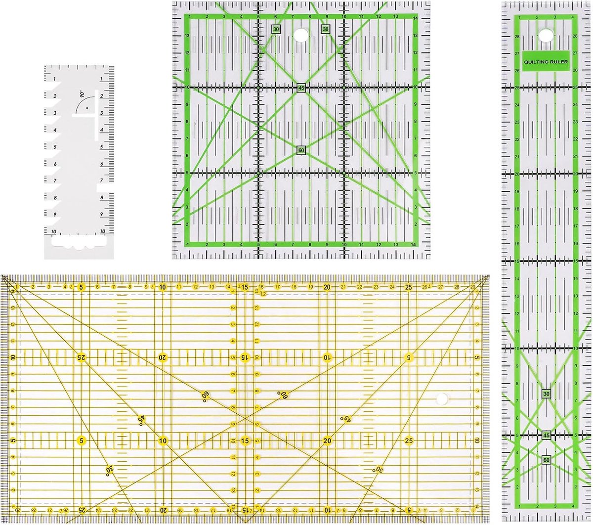 SnelShoppen - 4 Stuks Transparante Naaien Quilten Liniaal, 15x15cm/15x30cm/5.5x30cm/11.5x4cm Universele Snijliniaal voor Naaien en Knutselen, Naailini